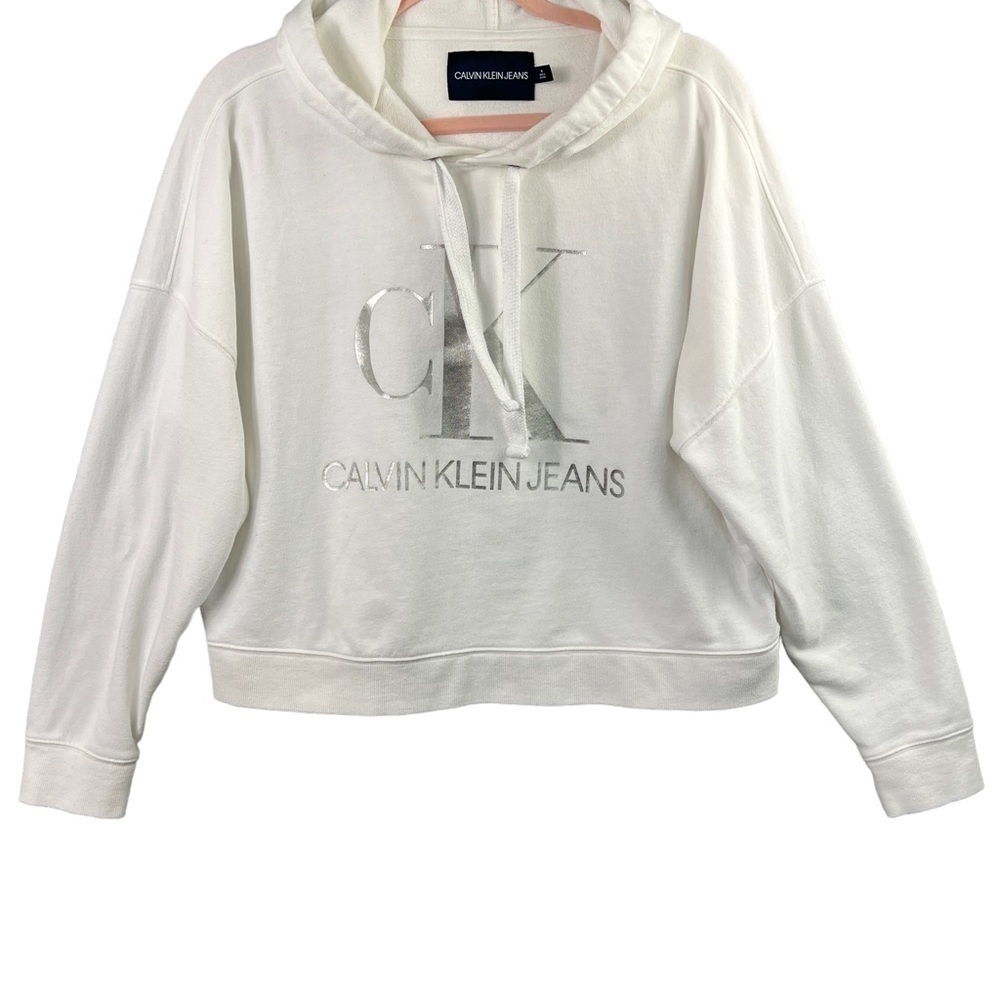 Calvin Klein Jeans Hoodie Cropped White & Silver Logo Cropped Drawstring Size M